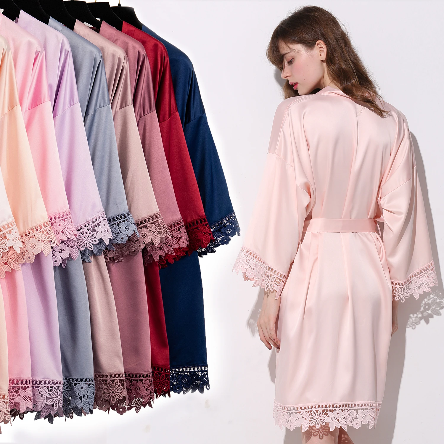 Women Matt Satin Lace Robe Bride Robe Bridesmaid Robes Bridal Robes Wedding Bathrobe Dressing White Robes