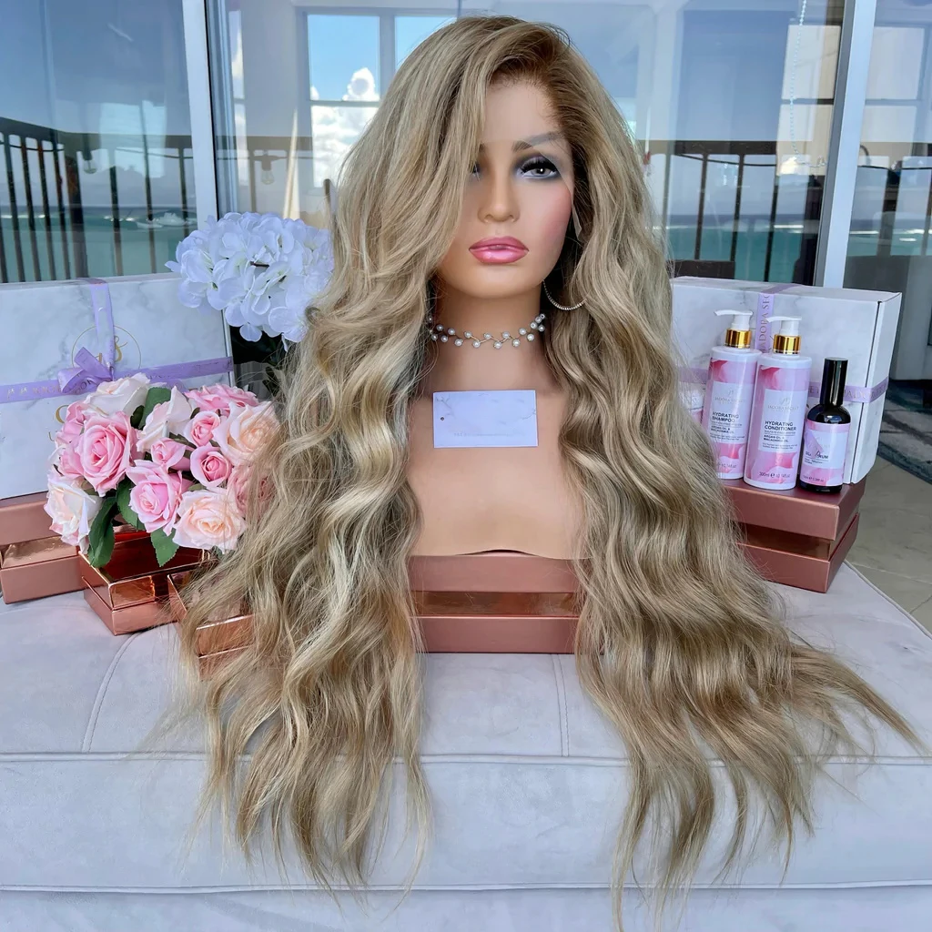 

26“Long Soft Highlight Ombre Ash Blonde Wave PrePlucked Glueless European Human Hair 13*4 Lace Front Wig For Black Women Daily