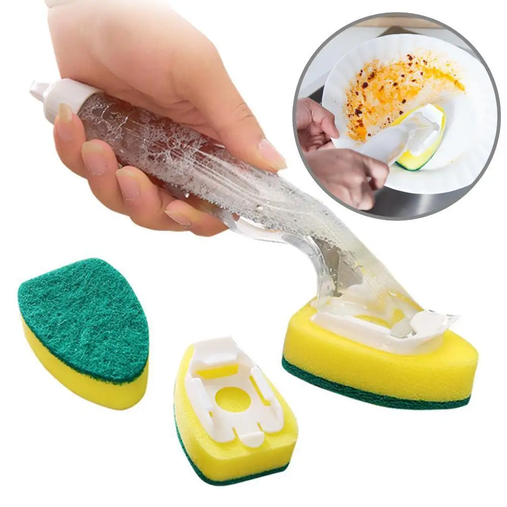 

3 in1 Long Handle Cleaning Brush with Removable Brush head Sponge Soap Dispenser Dish Washing Brush Gadgets Set Kitchen Tools