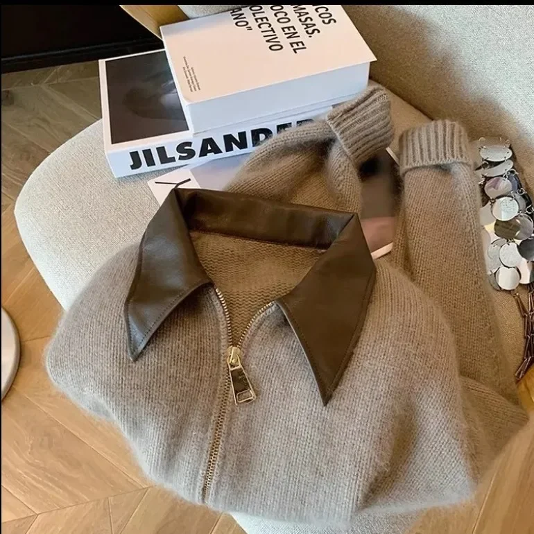 Осенне-зимний вязаный свитер с длинными рукавами и двойной молнией винтажный