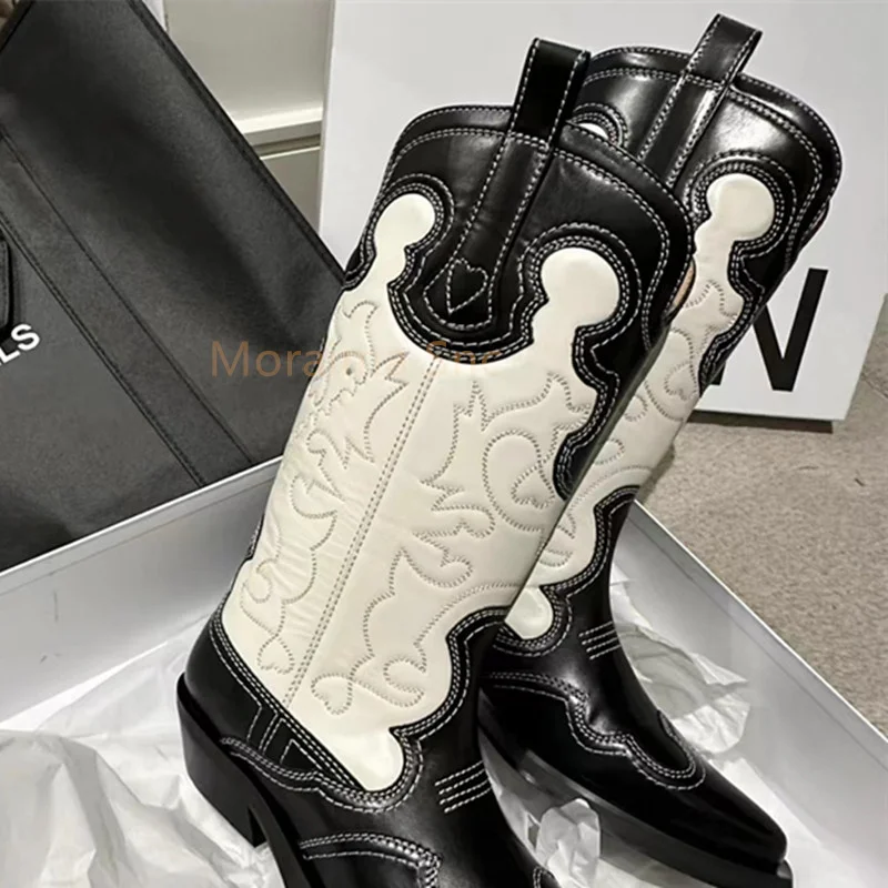Chunky Heel Knight Boots Embroidery Stitching Leather Boots Women Knee High Boots Western Cowboy Boots All-Match Ladies Shoes