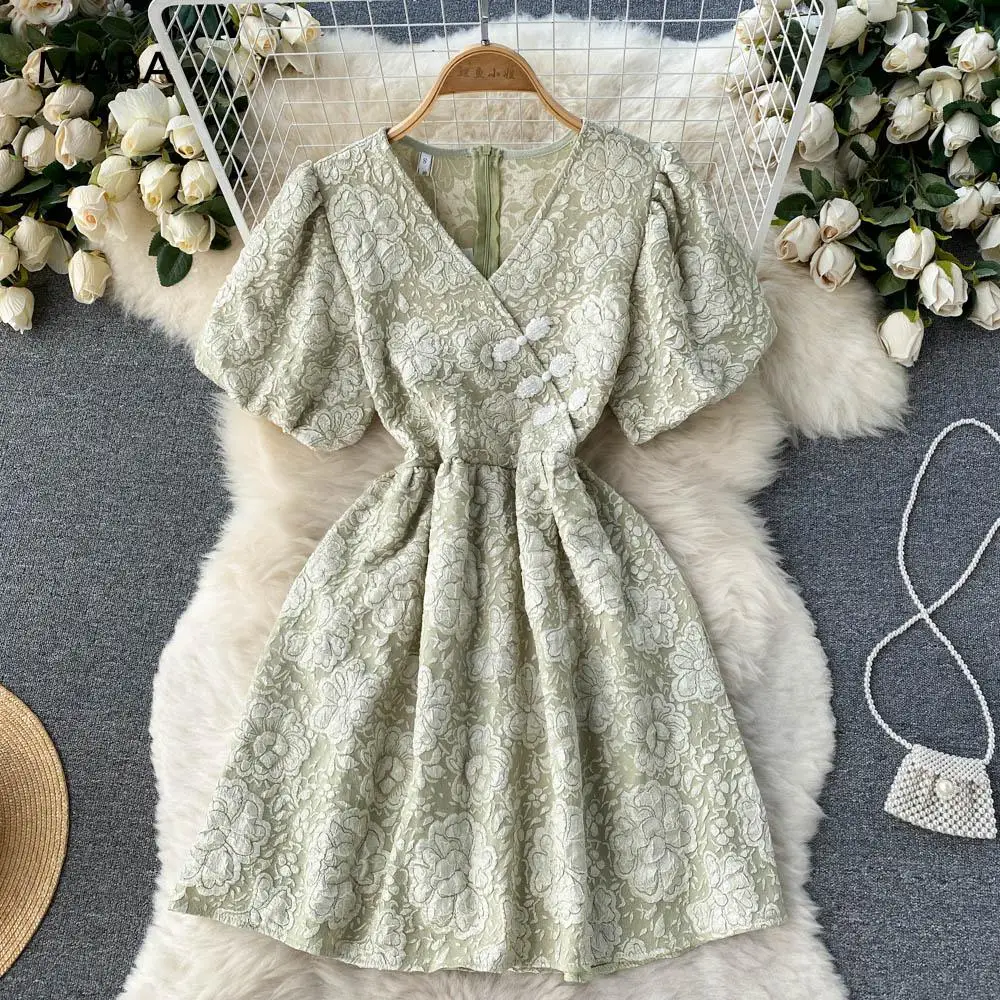 

Korean Fashion Women Spring Summer Dress 2022 New Chic V-neck Puff Short Sleeve Jacquard Retro Floral Black A-line Short Dress