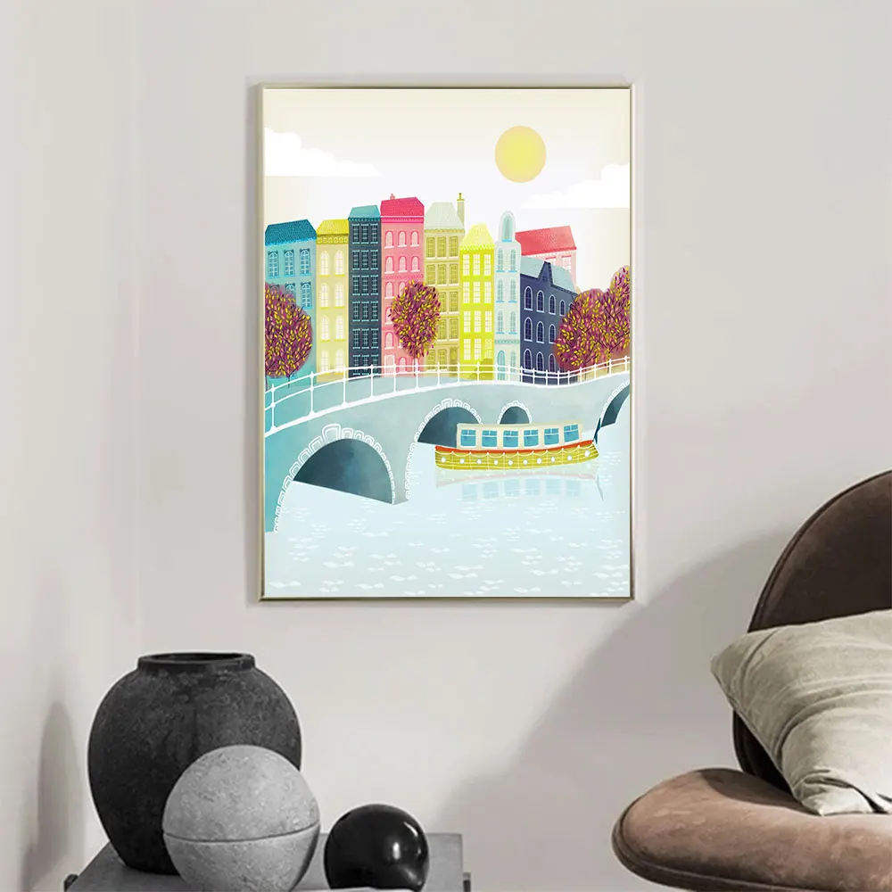 Красочный городской пейзаж плакат внутренняя река лодка искусство печатная
