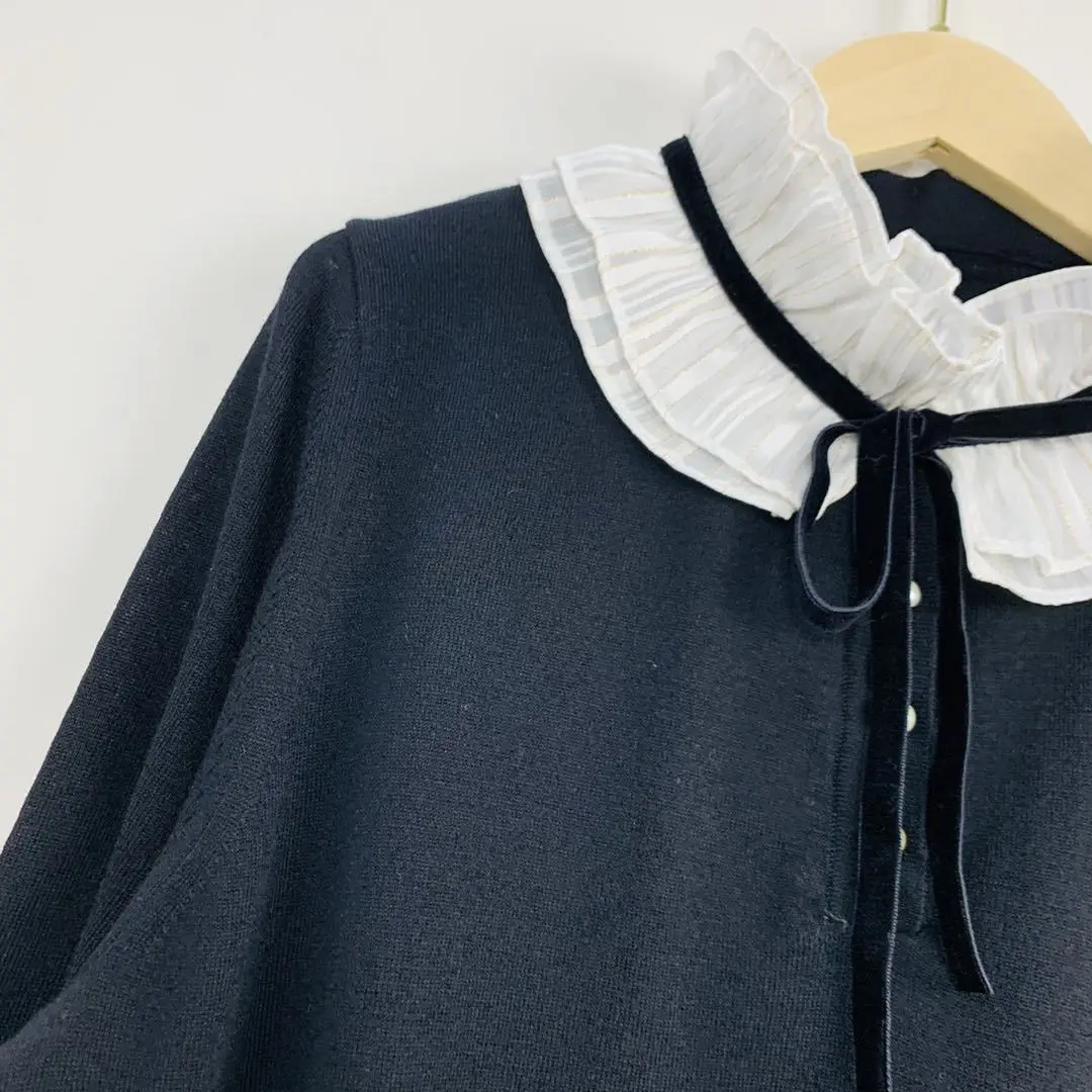 

Women Bow Lace-Up Collar Fungus Trim Knit Sweater Long Sleeve Sweet Female Knitted Pull with Pearl Buttons