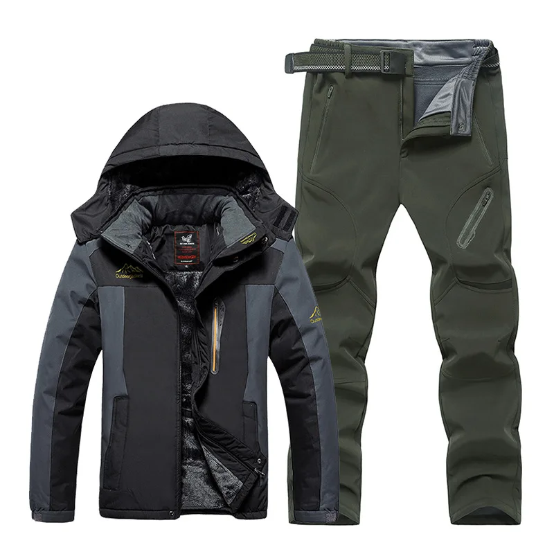 Mountaineering Suit Jacket and Pants Suit Winter Fleece Thickening Outdoor Jacket and Pants Suit Men's