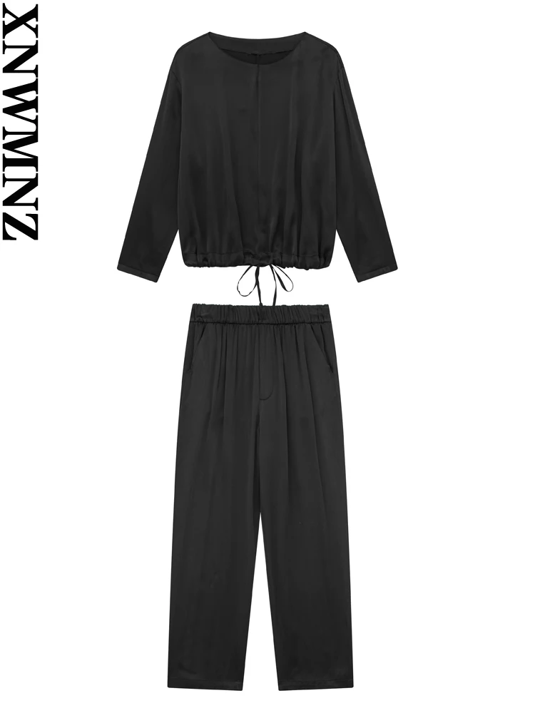 

XNWMNZ 2023 Women Fashion Flowing Satin O Neck Long Sleeve Shirt or Elastic Mid-waist Pyjama-style Trousers Female Two-piece Set