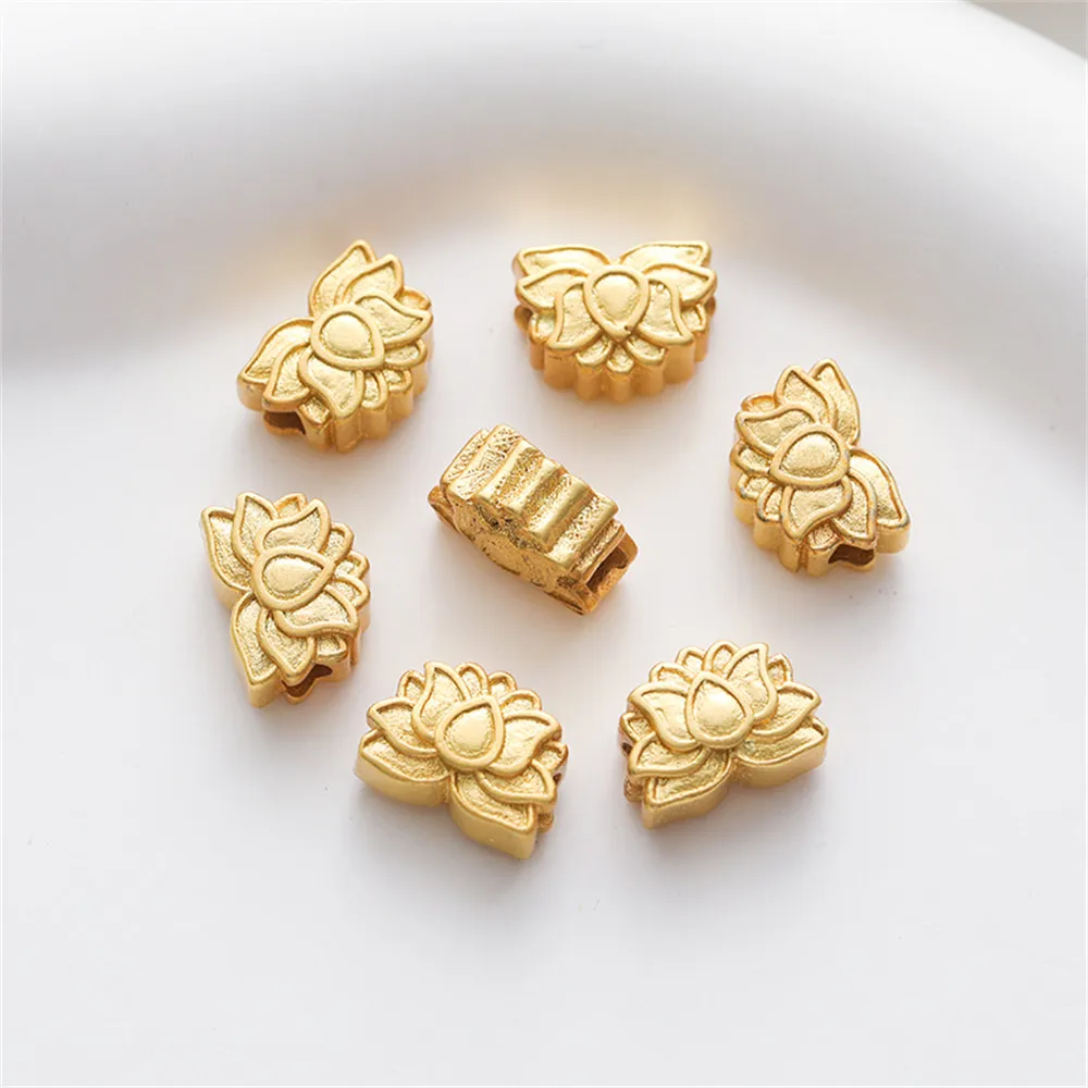 

18k bag gold color matte gold double-sided pattern Lotus retro beads 8*10mm cross hole through hole diy accessories loose beads