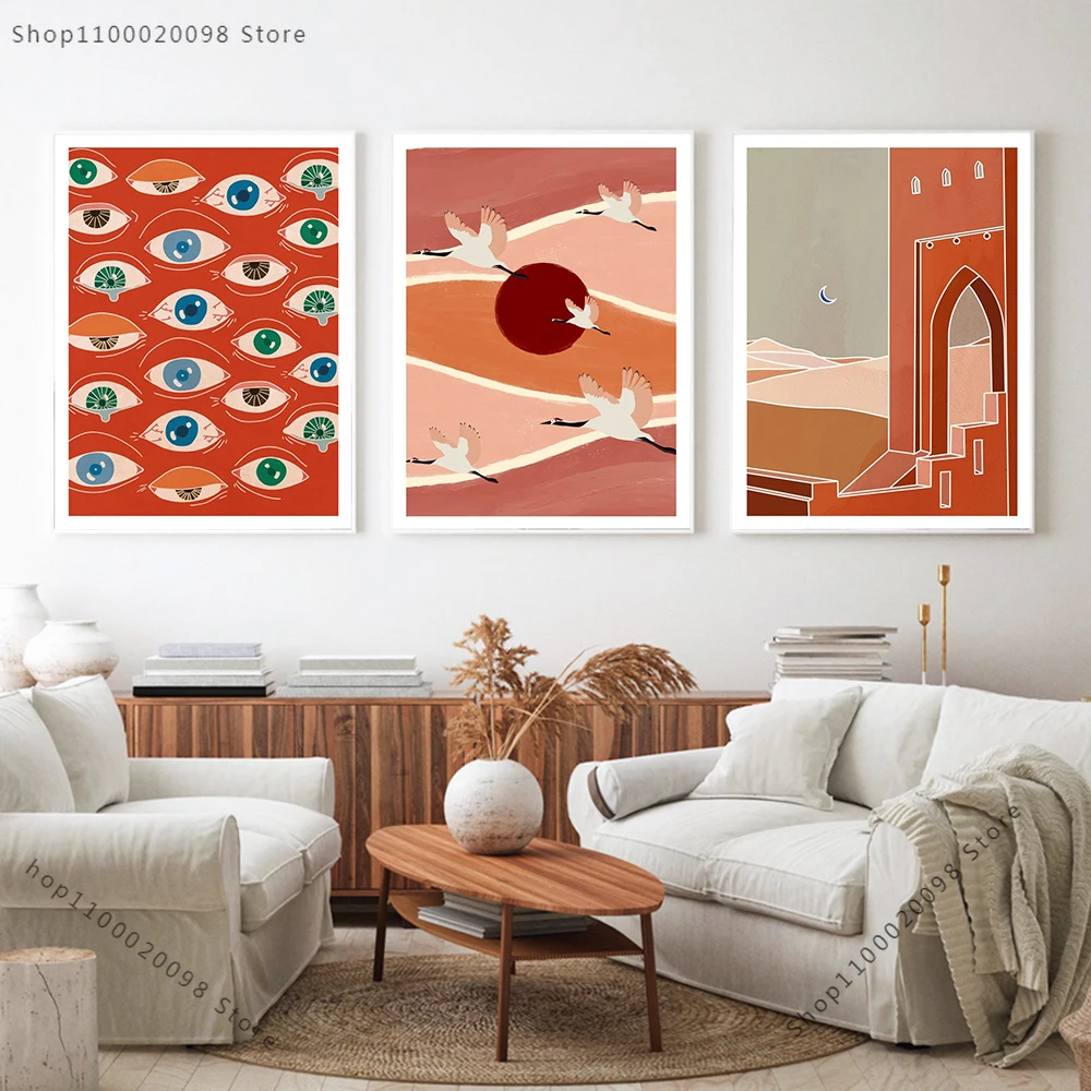 

Nordic Abstract Desert Moon Poster And Print Eye Circus Canvas Painting Spirit Animals Crane Wall Art Pictures Living Room Decor