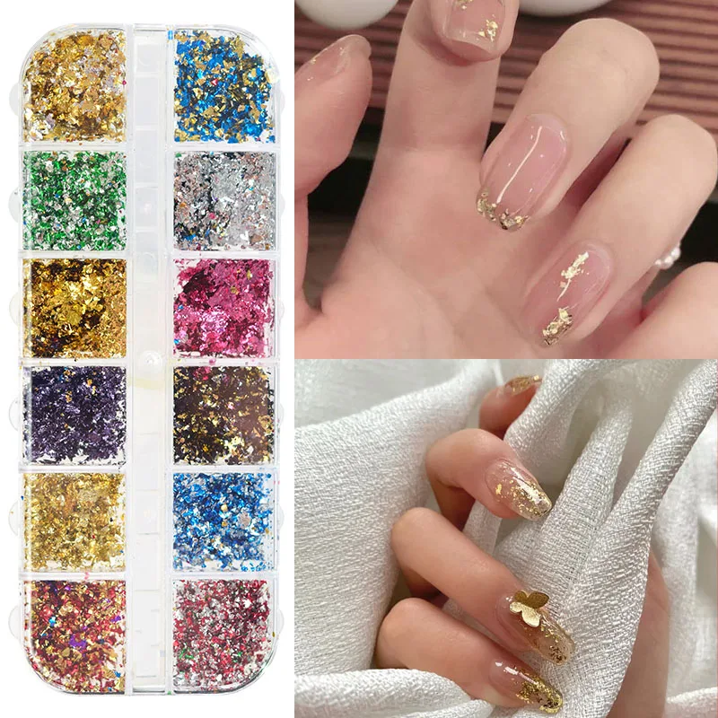 

12Grid Gold Foils Nails Glitter Irregular Flakes Mirror Chrome Paillette Sequin Nail Glitter Manicure Art Decorations Foil Paper