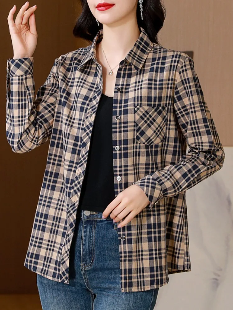 Middle-Aged Mom Autumn clothes Lapel Casual Plaid Long sleeve Shirts Women's Spring and Autumn Outdoor Shirt Stacked Outerwea...