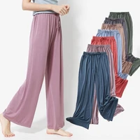womens wide leg pants summer cotton elastic high waist slim casual drawstring drape flared straight pants all match trousers