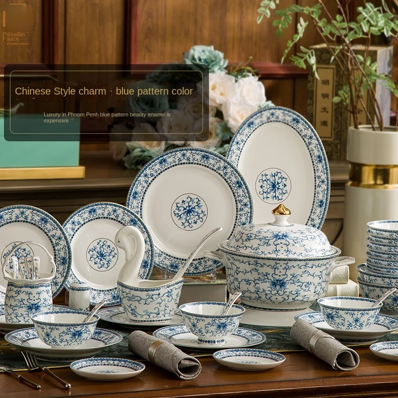 

High-End Simple Chinese Ceramic Home Bowls Dishes Tableware Set Blue and White Enamel Wedding Gift Combination