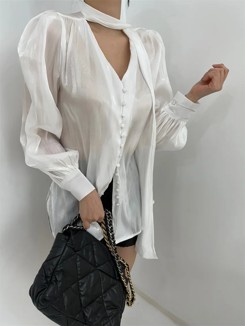 Женская шифоновая рубашка Alien Kitty однотонная универсальная офисная Повседневная