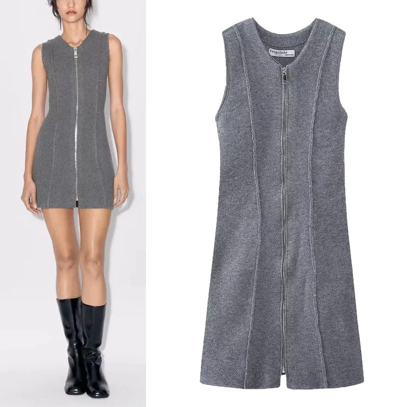 

Женское трикотажное мини-платье на молнии, с V-образным вырезом