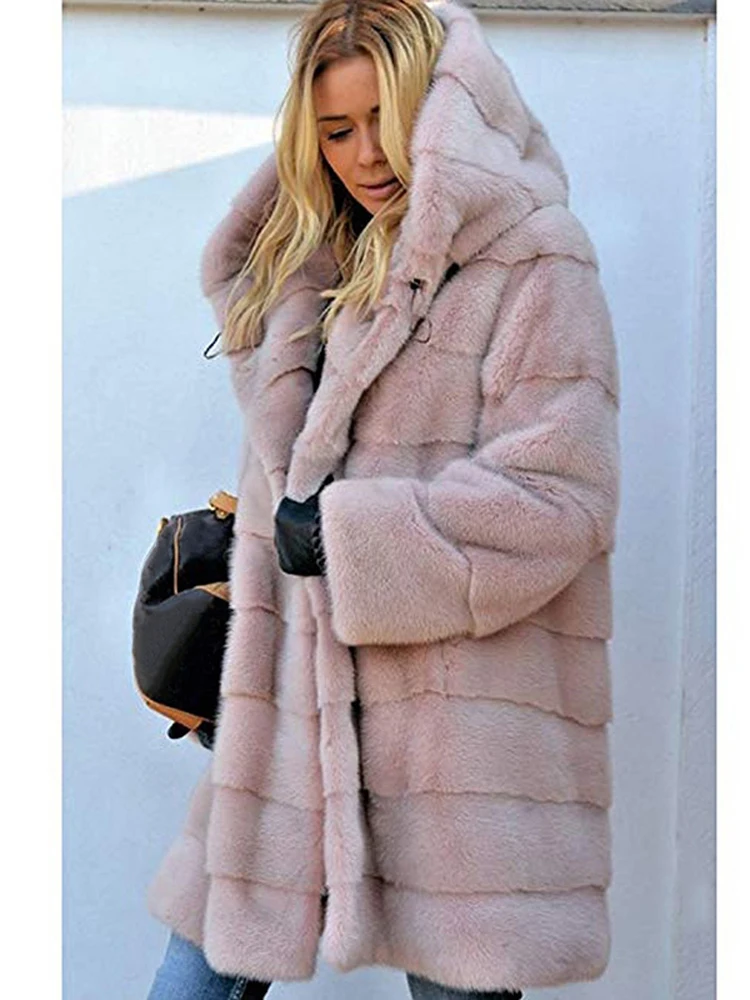 Women's Faux Fur Coat Winter Oversized Warm Streetwear Long Sleeve Hooded Overcoat Female Outerwear Plus Size Clothes