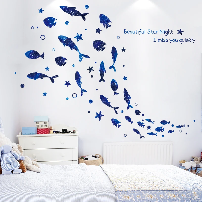 Наклейки на стену с изображением голубой рыбы сделай сам Мультяшные киты