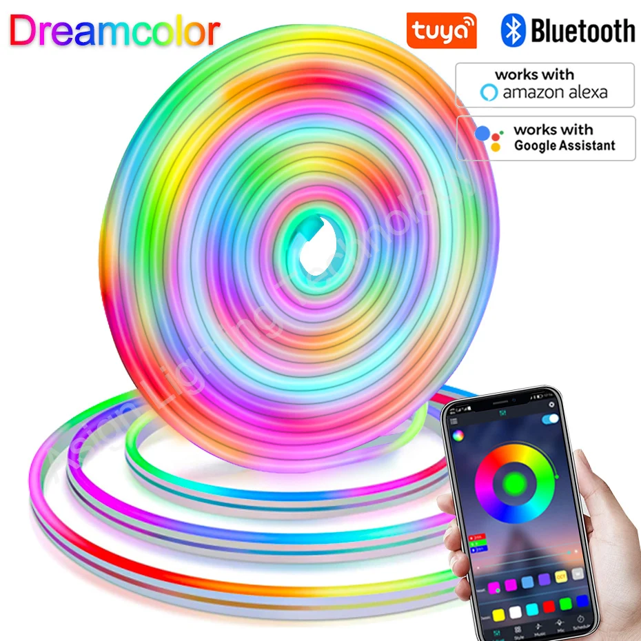Dreamcolor светодиодный неоновая полоса 12 В RGBIC неоновая веревка светильник Водонепроницаемая многоцветная Гибкая полоса с эффектом гоны WiFi Bluetooth пульт дистанционного управления