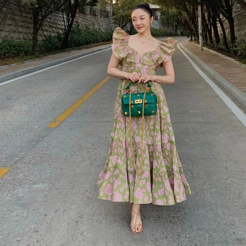 

Evening Party Sexy Low Cut Deep V-neck High-End Vintage Dress 2022 New Backless Temperament Waist Printing Chic A-line Dresses