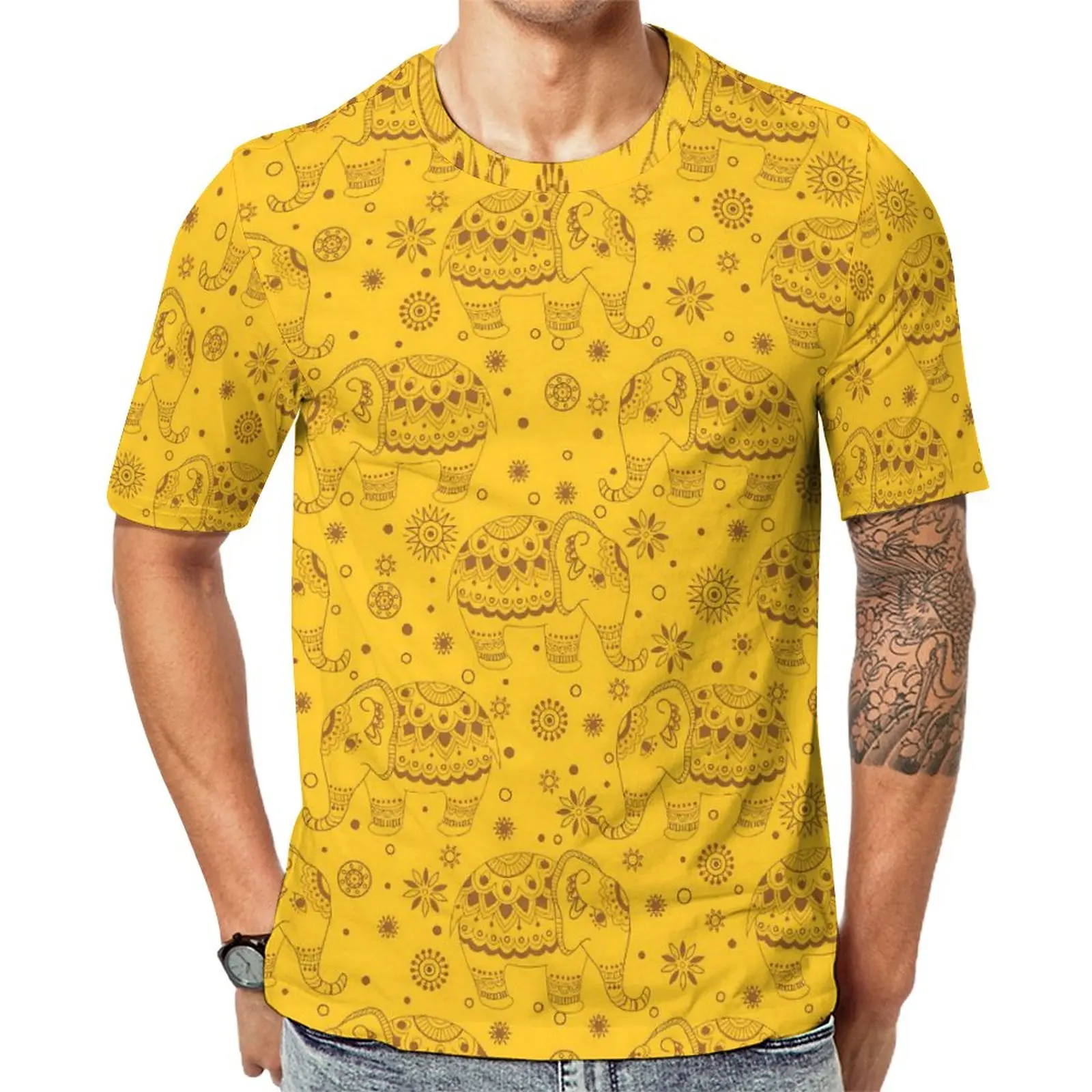 

Футболка мужская винтажная в стиле хип-хоп, этнический принт, круглый вырез, тенниска с индийским принтом слона, дизайнерская майка, размеры 4XL/5XL/6XL, на лето