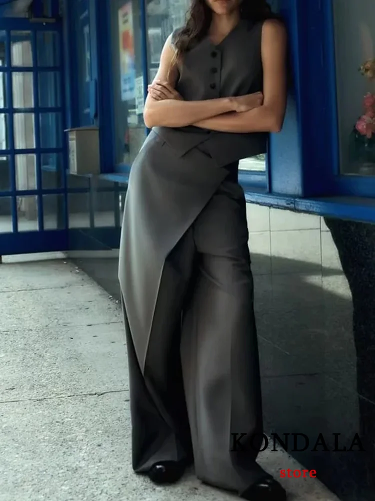 

KONDALA винтажный серый женский костюм с V-образным вырезом однобортный жилет Блейзер прямые свободные брюки модный осенний офисный Женский комплект 2023