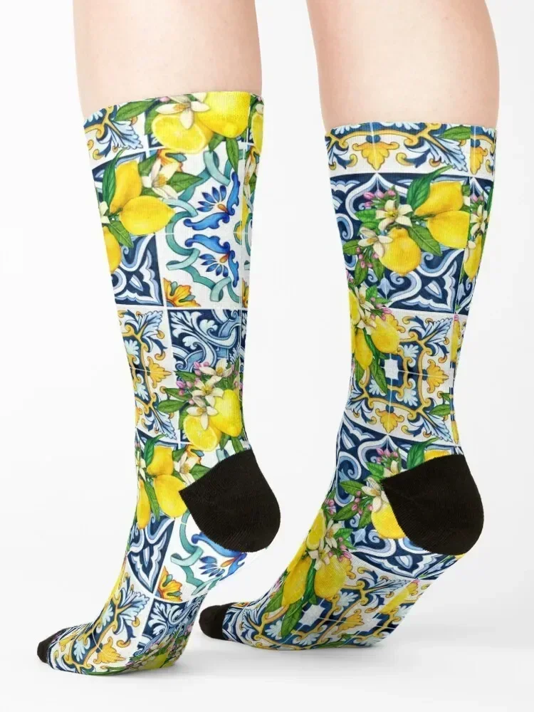 Яркие средиземноморские сицилийские носки из плитки с цитрусовыми и лимонами