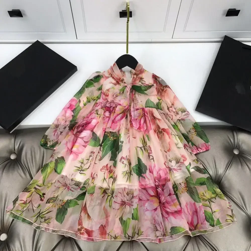 spring autumn childrens gitls flower dress chiffon voilet material with inner pure cotton princess dresses boutique kids clothes