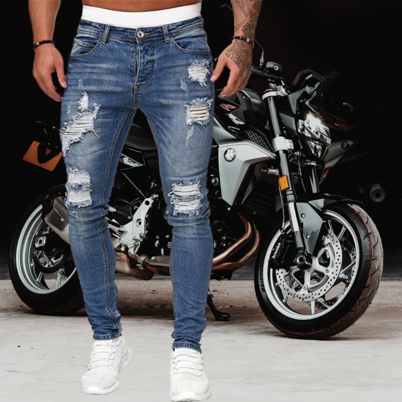 2022 Hot Sale  Wish men's trousers worn hole grinding white slim jeans pants fashion small foot pants for men