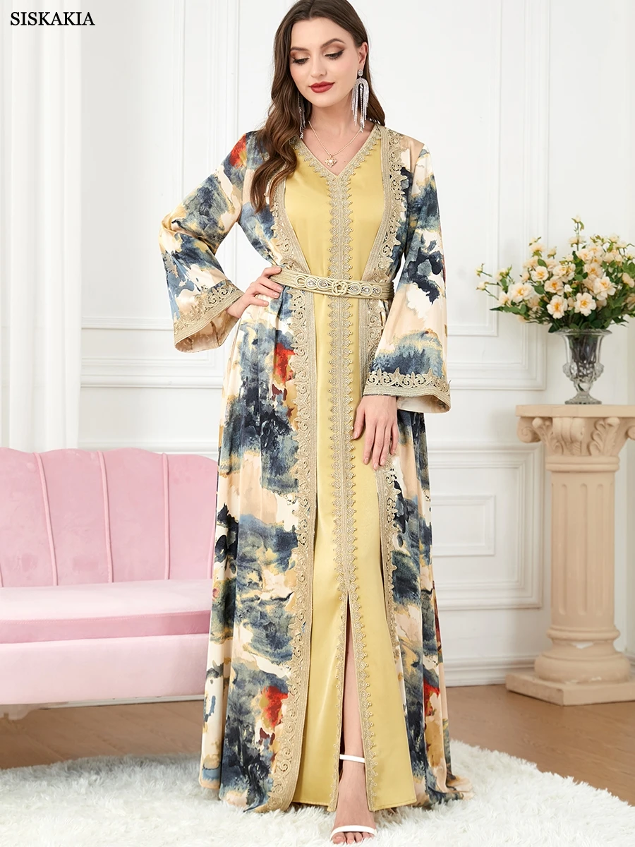 Elegant Floral Printed Guipure Lace Panel Belted Dress Luxury Two-piece Long Dresses Abayas For Women Muslim Sets Ramadan