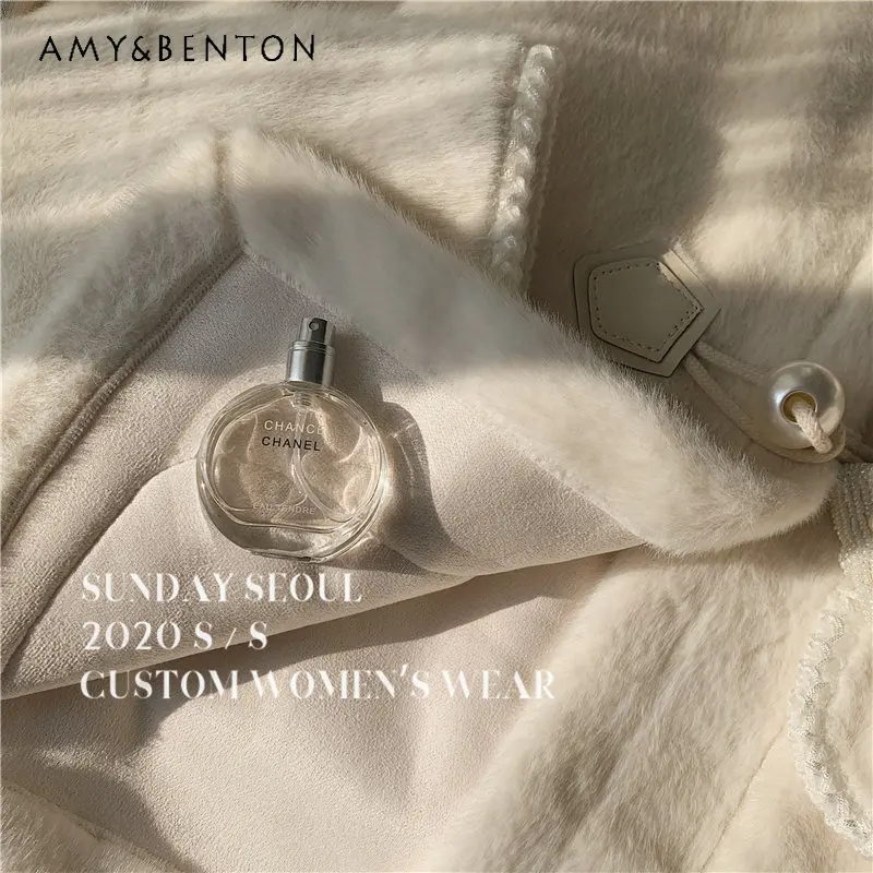 Elegant Pearl Buckle Mink Hair Fur Coat for Women New Fashion Polo Neck Single Breasted Jackets for Ladies Sweet Coats Female