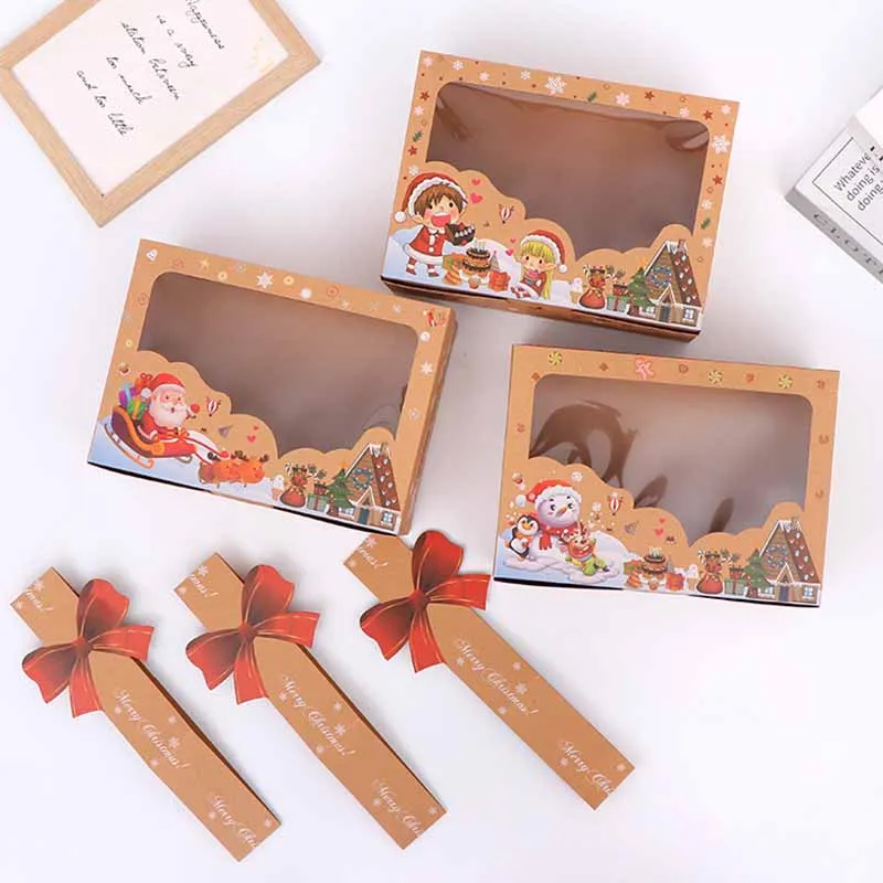 

12pcs Merry Christmas Kraft Paper Candy Box Cookie Gift Box Clear Window Packaging Bag Party Favor New Year Decor Supplies