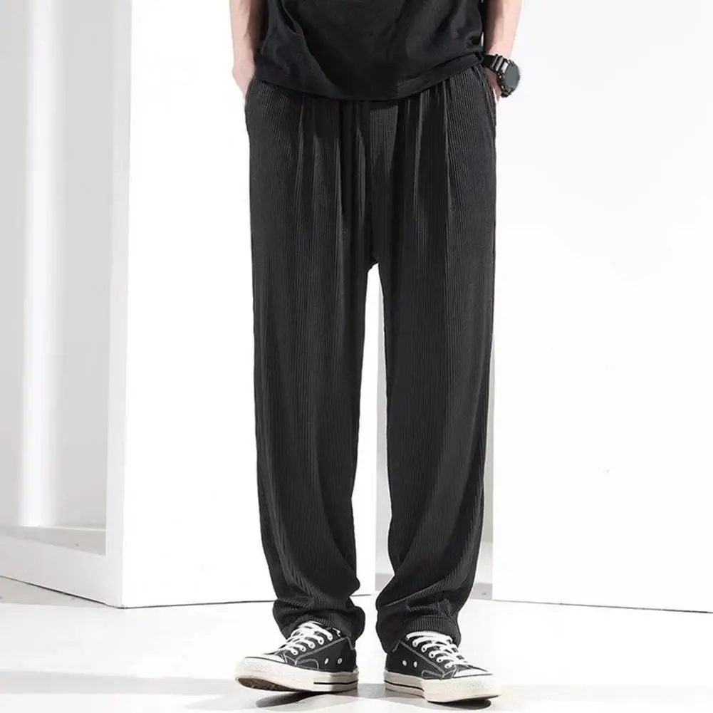

2022 Men's Pants Stripe Pattern Summer Ultra-thin Wide Leg Drawstring Pockets Sports Pants Straight Trousers Sweatpants