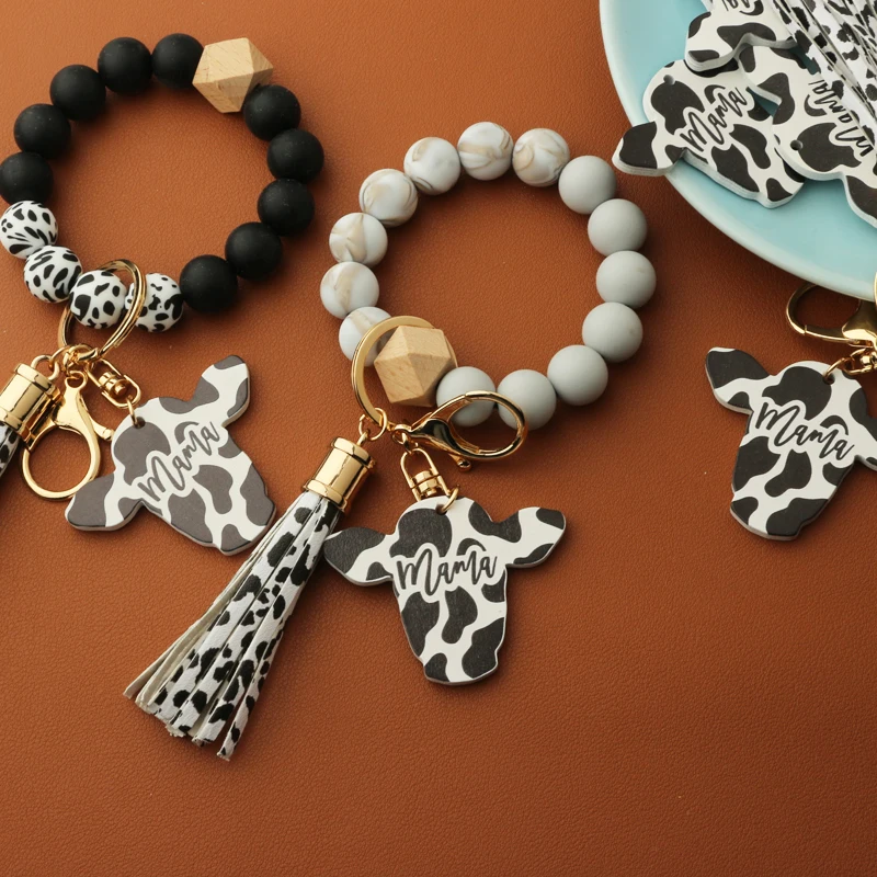 

Коровья, сделанная на заказ, силиконовые бусины, кожаная кисточка, милый коровья древесина, бык, деревянные бусины, браслет, мама, силиконовы...