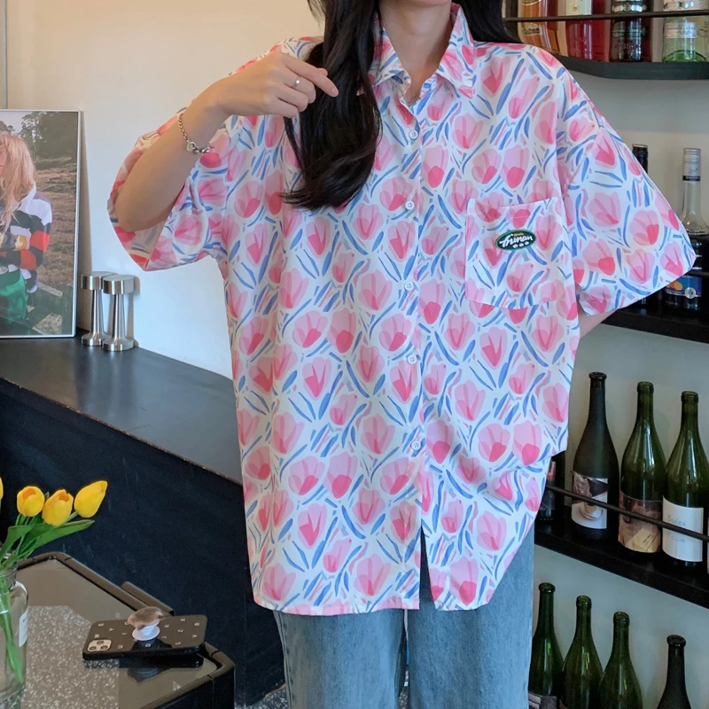 

Summer oversized long casual Shirts vintage floral printing Blouses Women young Fashion short Sleeve BF pink tops kawaii clothes