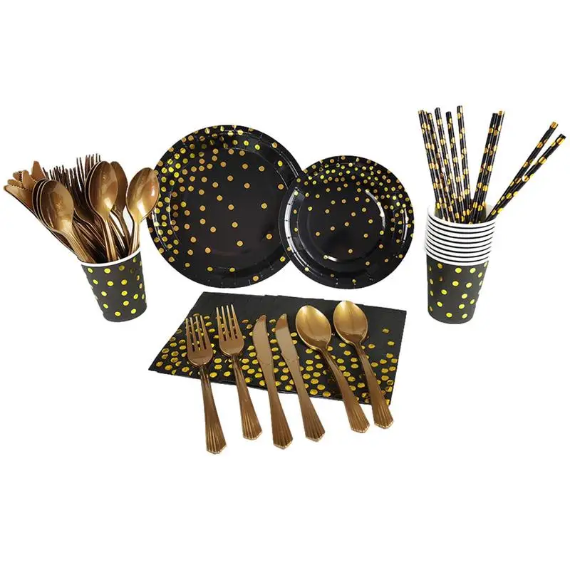 

Reception Plate Set Paper Tableware Plate Dinnerware Reception Kit Portable Paper Plate Set With Gold Foil Polka Dot Pattern For