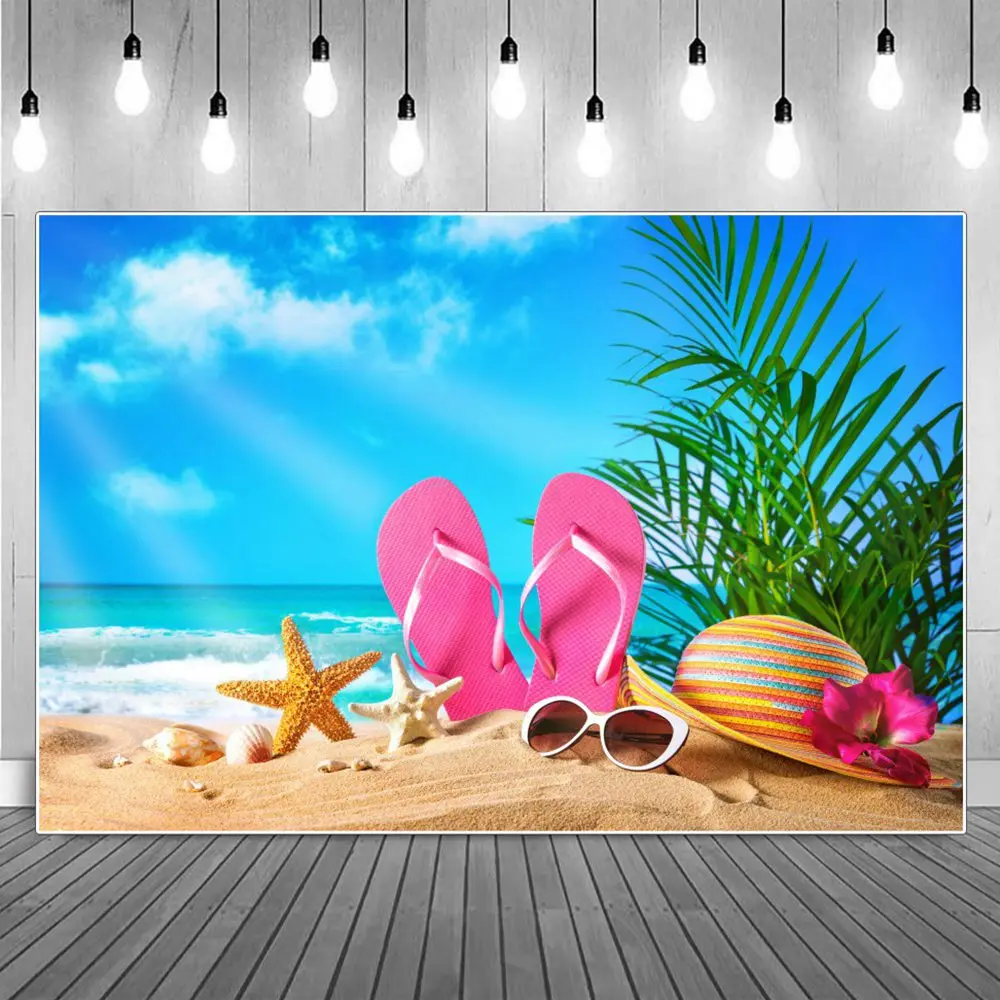 

Blue Sky Beach Leaves Summer Holiday Photography Backgrounds Starfish Flipflops Hat Sunglasses Party Decoration Photo Backdrops