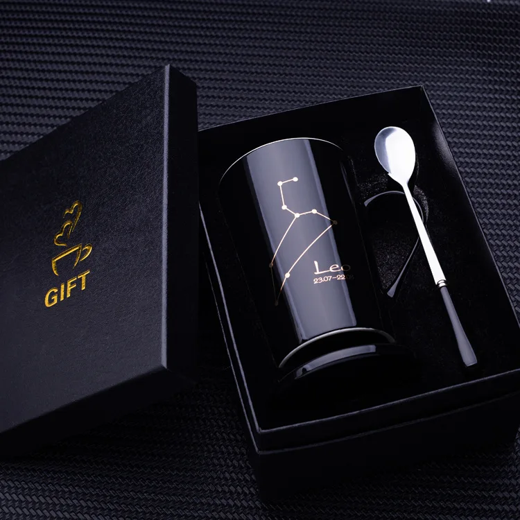 

400ML With Gift Box 12 Constellations Creative Ceramic Mugs with Spoon Lid Black and Gold Porcelain Zodiac Milk Coffee Water Cup