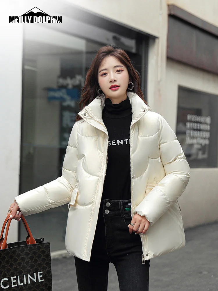 New 2022 Glossy Stand Collar Cotton Padded Winter Jacket Women Short Casual Autumn Winter Clothes Student Coat Female