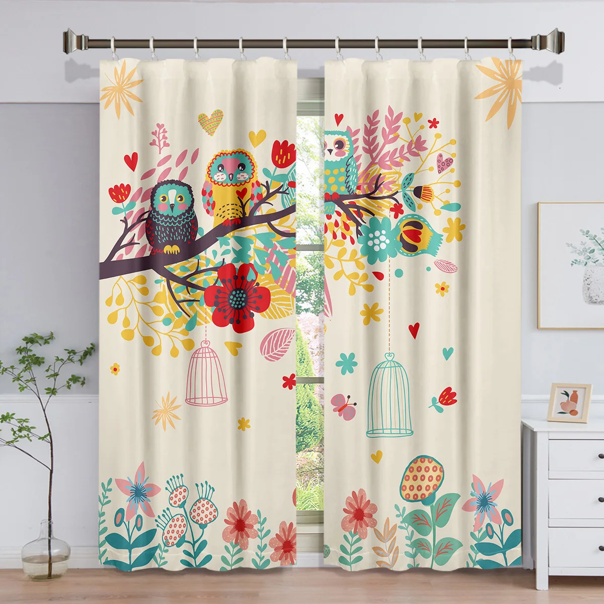 

Owl Colorful Branches 3D Digital Printing Bedroom Living Room Window Curtains 2 Panels Birds Print Curtain 3D Drapes