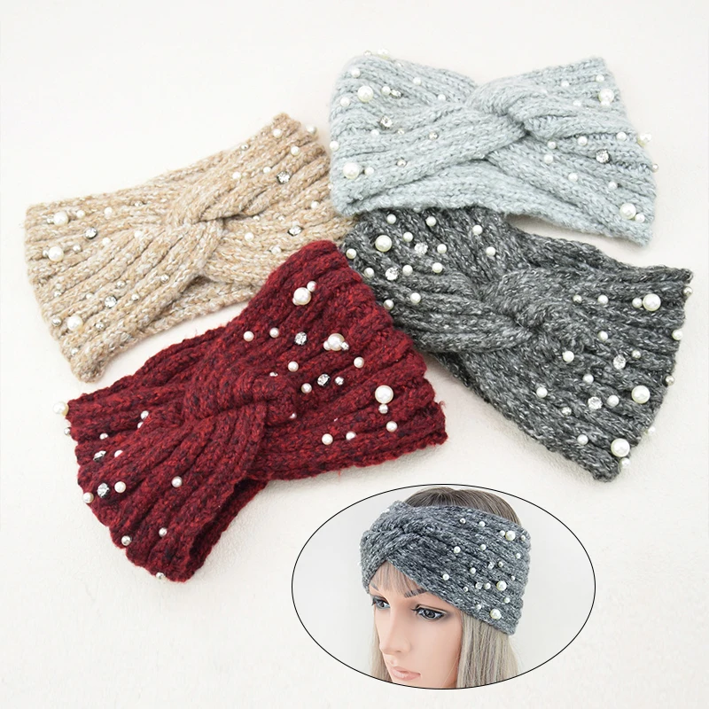 

Winter Warm Knitted Headband Autumn Pearl Cross Headbands Wide Hairband Headwear Solid Elastic Hair Ribbon Ear Warmer Headwrap