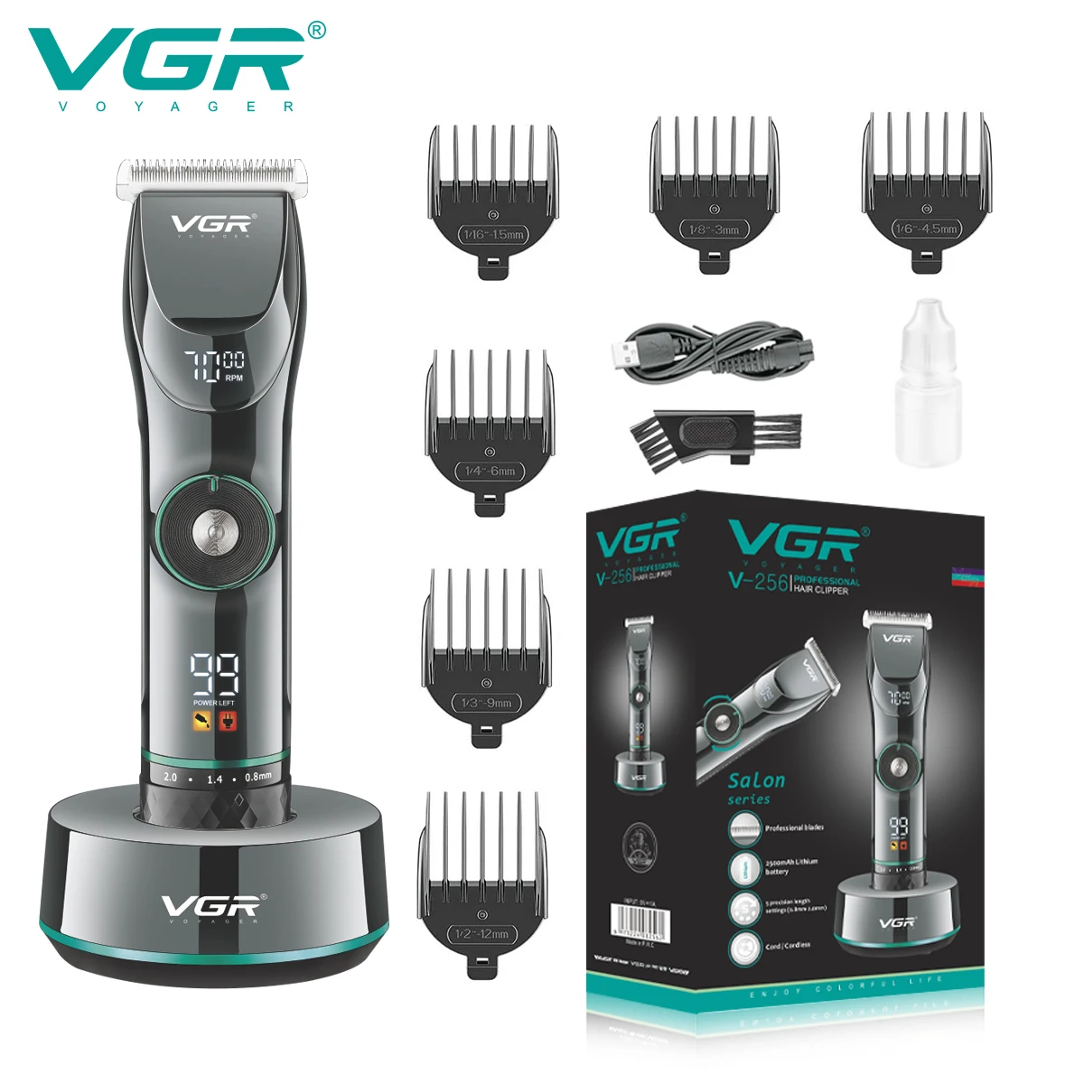 VGR Hair Cutting Machine Adjustable Hair Trimmer Cordless Clipper Electric Barber LED Display Trimmer for Men with Base V-256