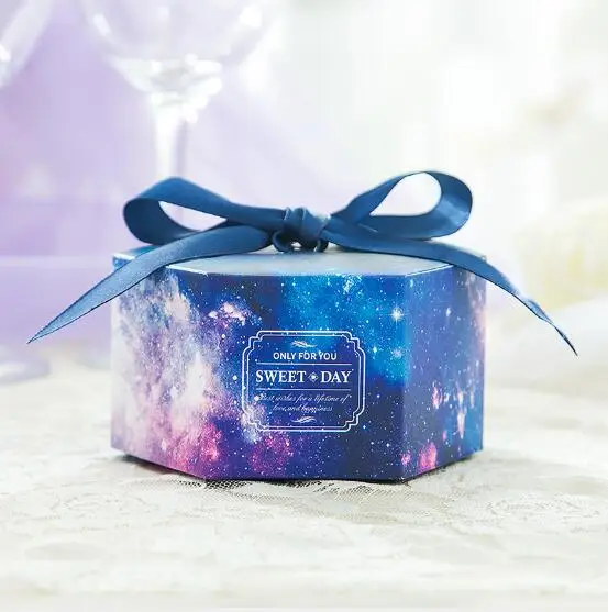 

100pcs Creative Starry Sky Blue Hexagonal Wedding Favors Candy Boxes Party Supplies Gift Box Chocolate Boxes