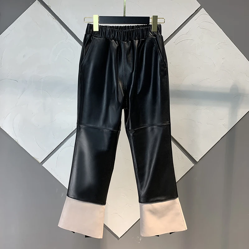 Autumn New Genuine Sheepskin Hit Color Patchwork Boot Cut Pants Women Fashion Elastic Waist Slim Real Leather Ankle Length Pants