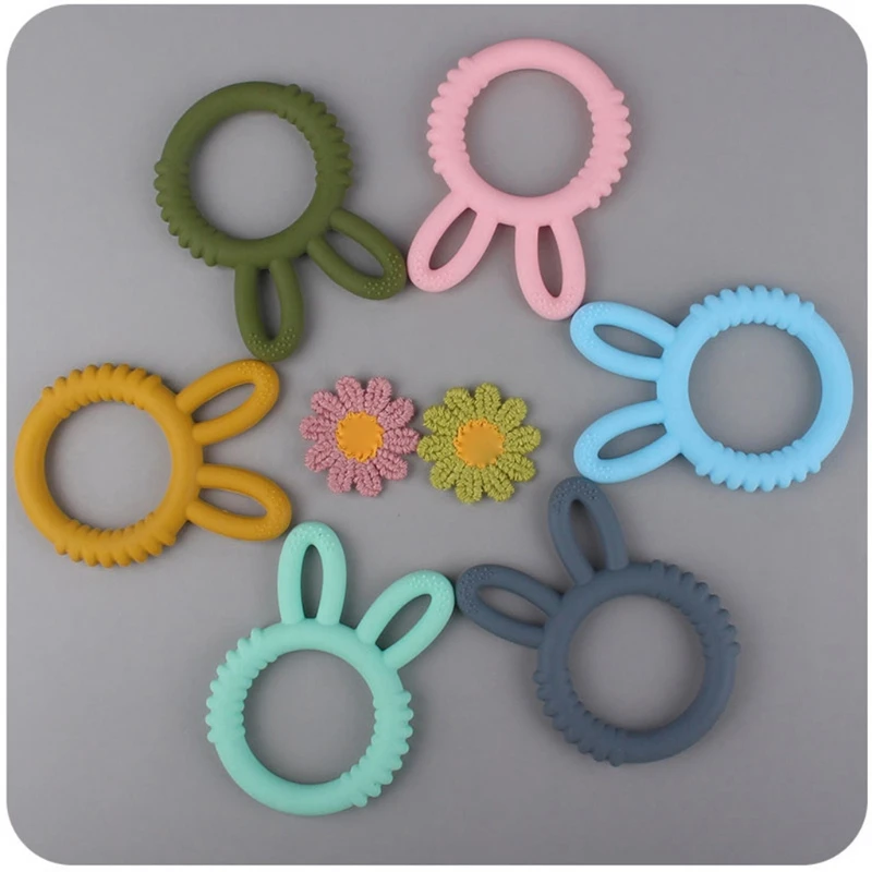 

Baby Silicone Teether Ring Molar Soother Cute Rabbit Head Ears Bracelet Rattle Nursing Teething Chewing Toy Shower Gifts for New