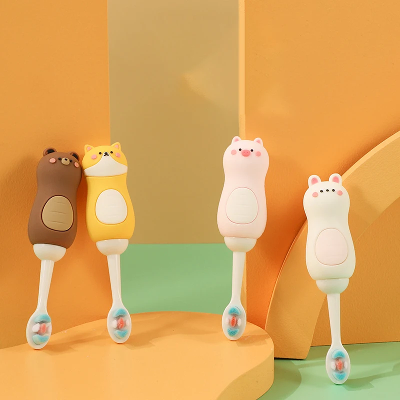 

Kids Toothbrush Cartoon Bear Baby Toothbrush with Handle Silicone Oral Care Cleaning Brush for 2-7 Years Old