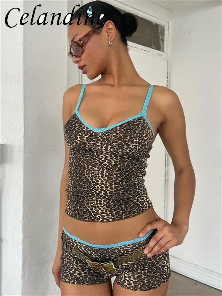 

Celandine 2023 Summer Lace Women Leopard Print Matching Suit Spaghetti Strap V-Neck Camis Tank Top Super Shorts 2 Piece Sets
