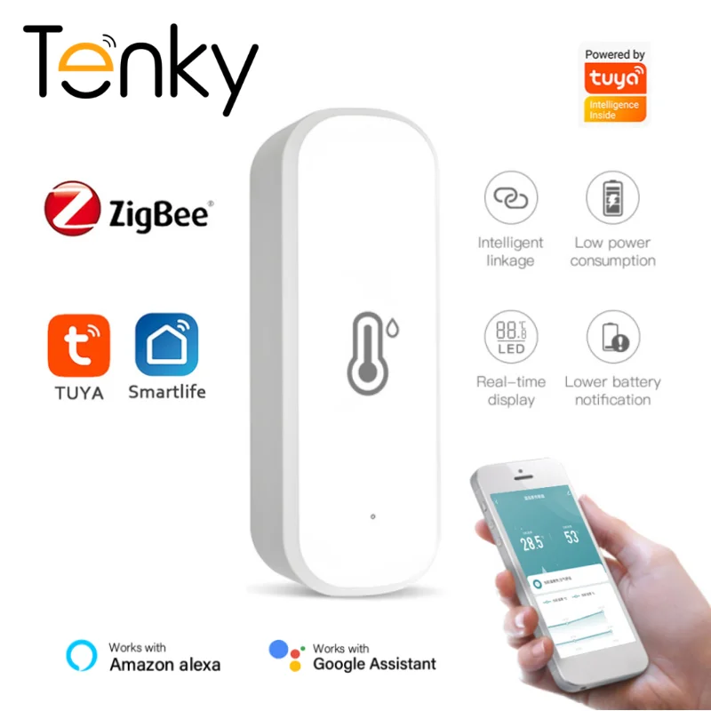 

Tenky Tuya ZigBee Smart Temperature & Humidity Sensor Real-time Monitor Smartlife App Voice Control Work With Alexa Google Home