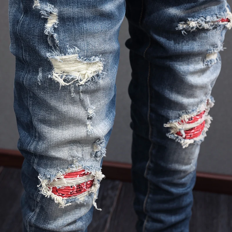 High Street Fashion Men Jeans Retro Blue Elastic Stretch Skinny Ripped Jeans Men Red Patched Designer Hip Hop Brand Pants Hombre
