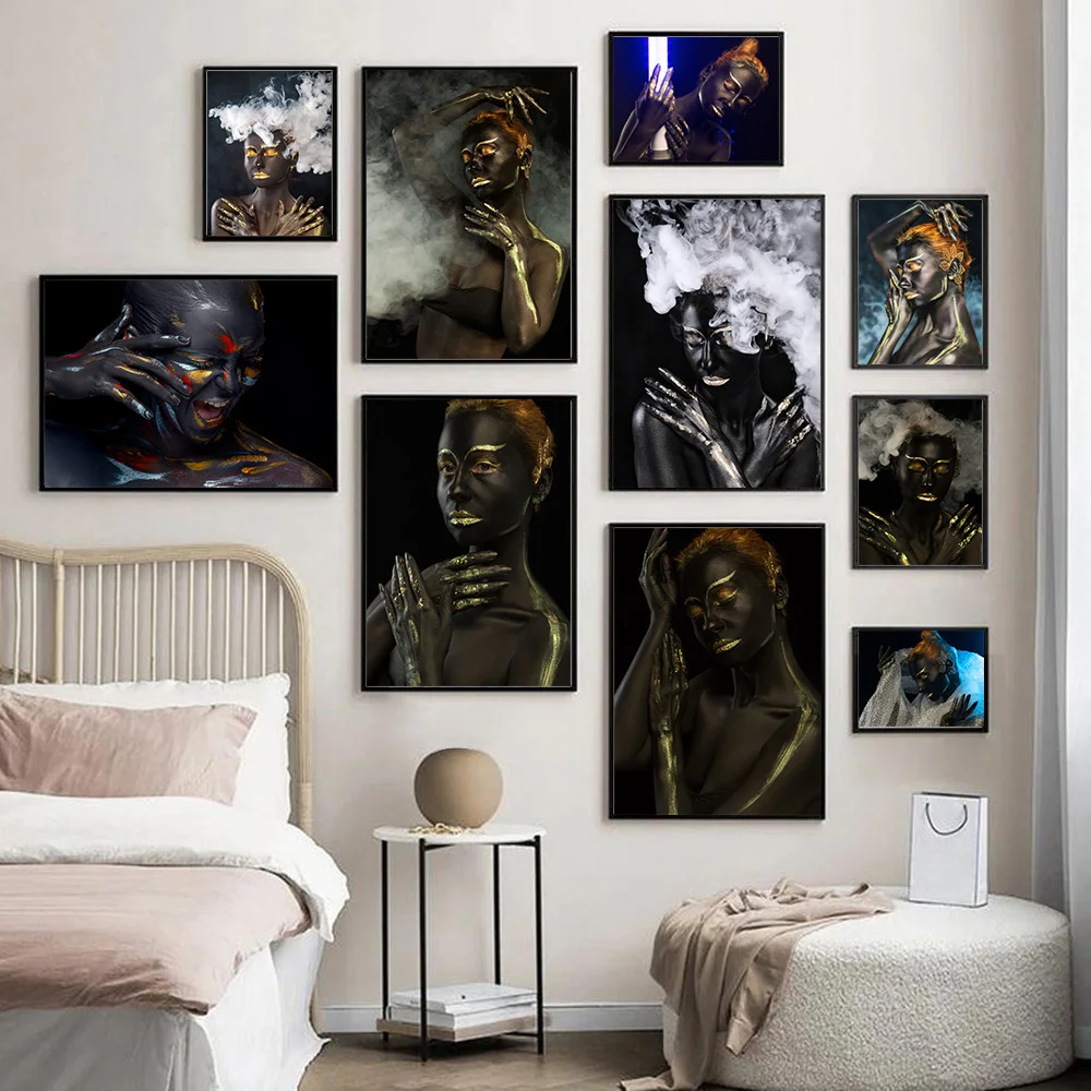 

African Art Black Gold Girl Scandinavian Posters and Prints Wall Art Canvas Painting Nordic Wall Picture for Living Room Decor