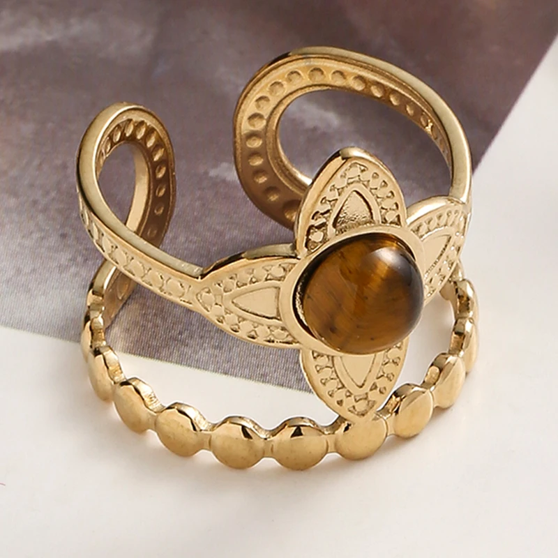 

Vintage Classic Opening Engagement Rings for Women Trendy Flower Zircon Inlay Wedding Ring Fashion Gold Stainless Steel Jewelry