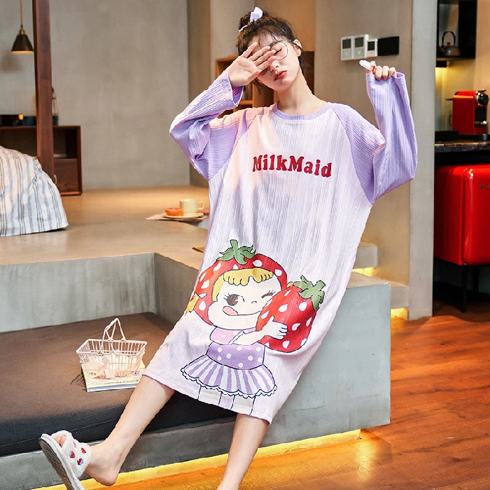 

Loose Nightwear Ladies Long Sleeves Cotton Nightdress For Women Cute Cartoon Sleepshirts Female Sweet Princess Long Nightgowns